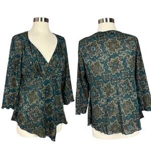 LINK Y2K Babydoll Blouse Emerald Green Shiny Goblincore Boho Womens Size Large